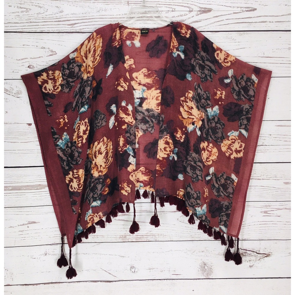 Anthropologie Saachi Wool Silk Blend Fringe Shawl Wrap Pom Pom Duster Burgundy